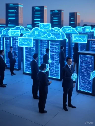 Businesspeople in a futuristic data center study neon blue holographic dashboards.
