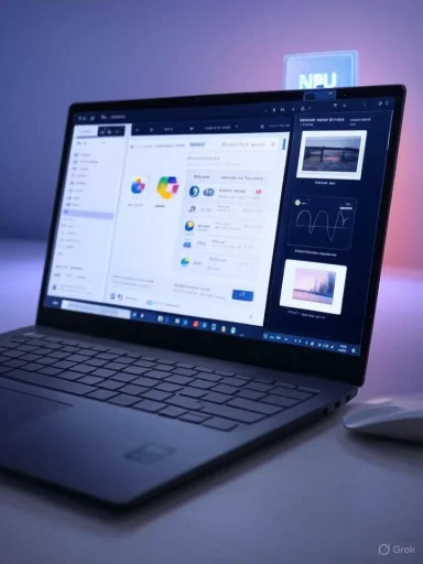 A sleek laptop on a desk displays a dark dashboard with charts and media previews.