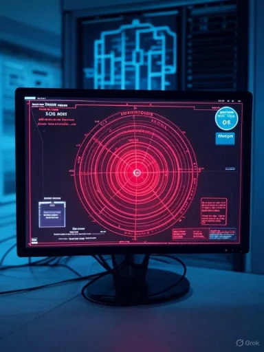 A computer monitor displays a red circular radar interface in a high-tech control room.