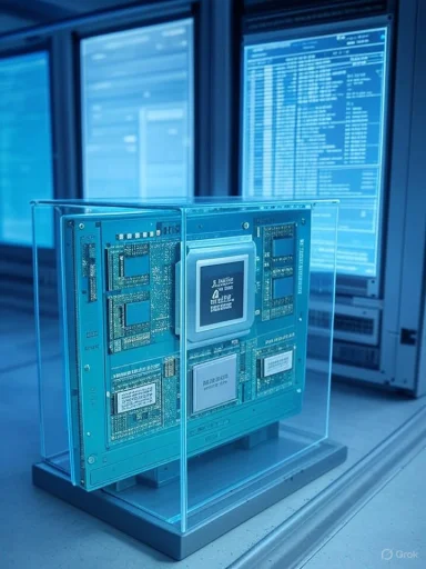 A computer motherboard encased in glass on a lab bench, with blue-tinted monitors in the background.