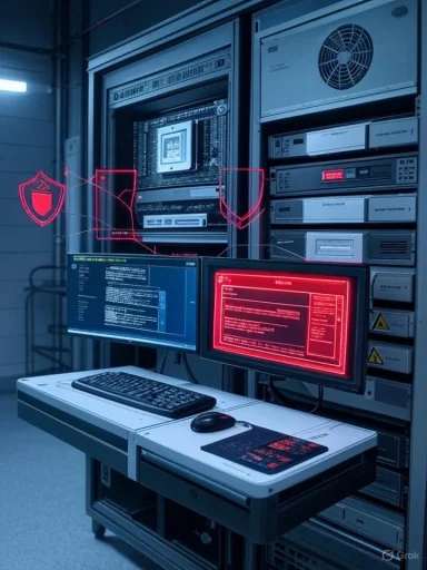 Futuristic data center with a mainframe rack and a red-hued hacking console.