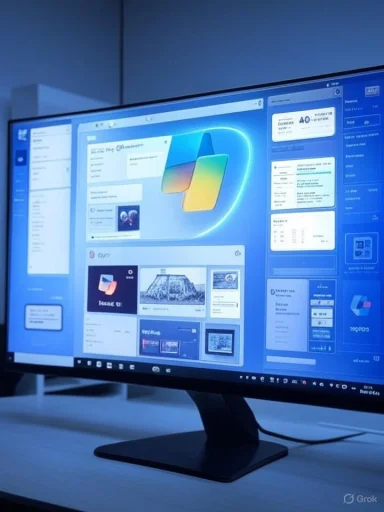 A widescreen monitor on a desk displays a blue, multi-panel UI with a colorful central logo.