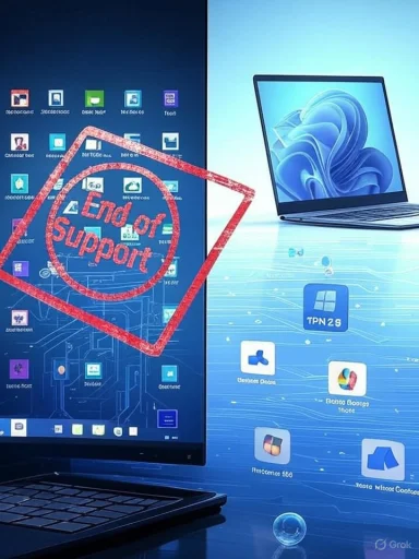 Split-screen laptop display with a red End of Support stamp over app icons.