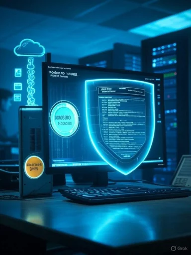 Futuristic workspace with a glowing blue shield hologram on the monitor.
