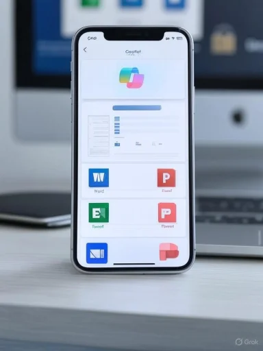 Smartphone on a desk shows a grid of Office apps like Word, Excel, and PowerPoint.