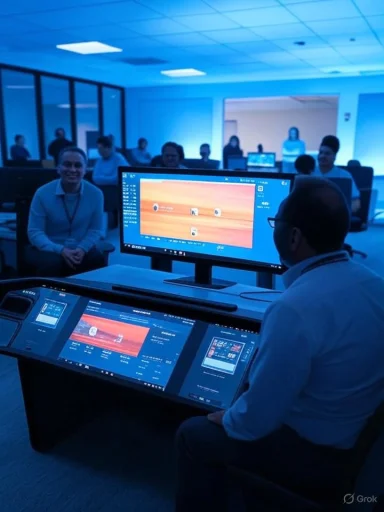 Instructor at a large digital console addresses a group in a blue-lit room.