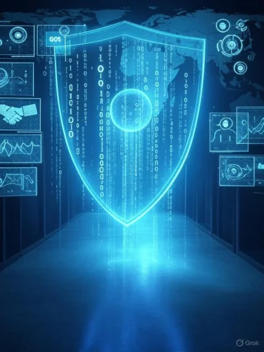 A glowing blue shield hologram hovers over a data-center corridor, symbolizing cybersecurity.