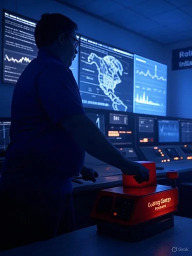 A technician operates a red control console in a blue-lit, high-tech command center.