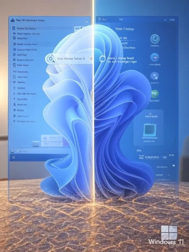 A glowing vertical split reveals two transparent Windows 11 screens on a lava-textured surface.