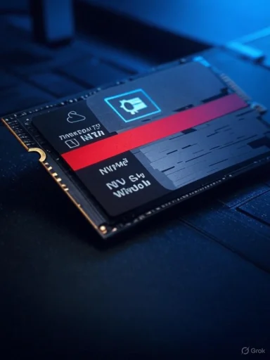 Close-up of an M.2 NVMe SSD on a dark motherboard bathed in blue light.