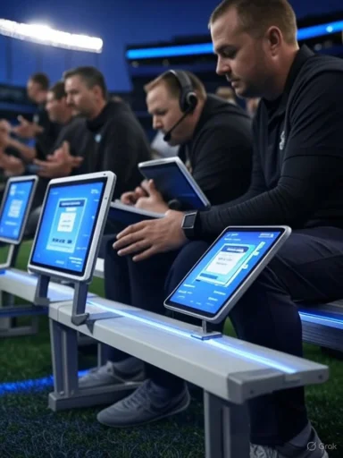 Coaches with headsets review game data on tablets.