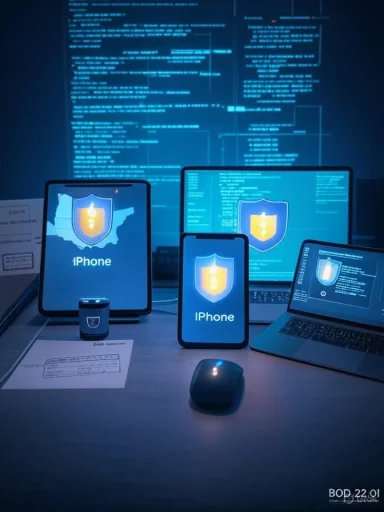 Cybersecurity display featuring shield emblems on tablets, phone, and laptop against a code-filled blue background.
