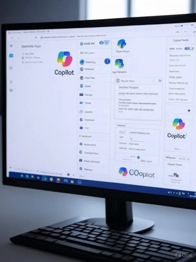 A computer monitor displays Copilot logo mockups and UI layout boards.