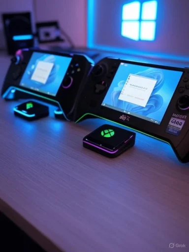 Two handheld gaming consoles on a desk under blue neon lighting, with a glowing Xbox cube in front.