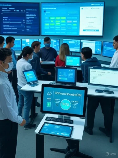 A blue-lit tech lab with students at desks and many screens on the walls.
