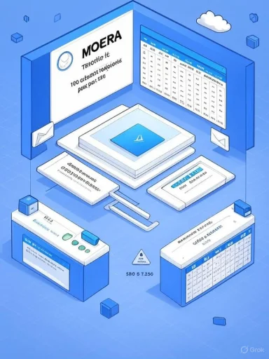 Isometric blue tech setup with MOERA branding, a central processor, and multiple screens showing data.