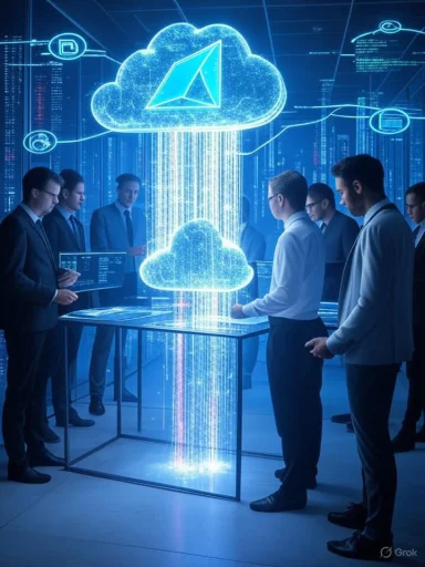 Professionals gather around a glowing table as a holographic cloud data network streams above.