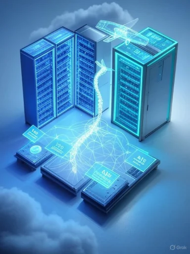Neon-blue data center in the clouds, with a holographic giraffe made of data streams.