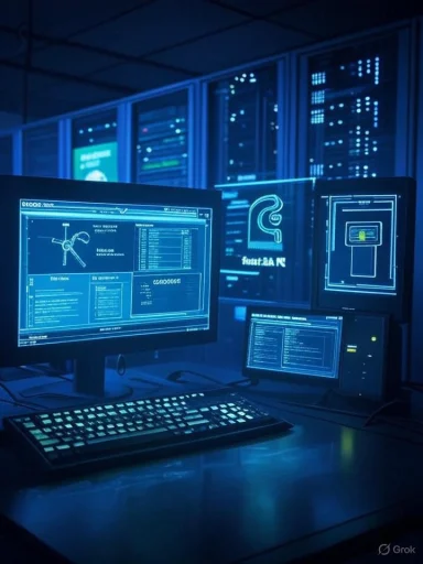 Blue-lit data center with glowing screens and server racks.