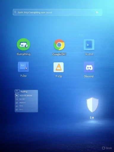 A blue Windows-like desktop with icons for Everything, Google Chrome, 7-Zip, and Discord.