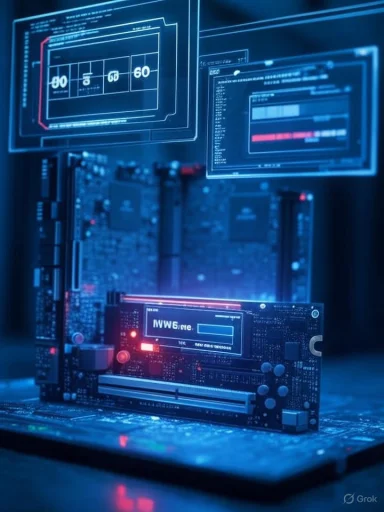 A futuristic computer motherboard with glowing holographic displays.