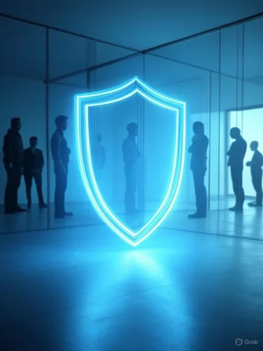 Glowing blue shield outline in a glass-walled gallery, with silhouettes of visitors. Glowing blue shield outline in a glass-walled gallery, with silhouettes of visitors.