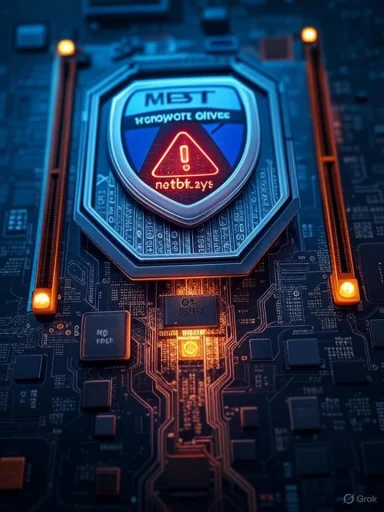 A futuristic security shield glows on a circuit board with a red warning symbol.