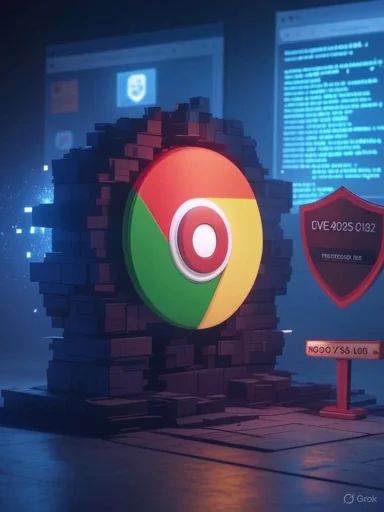 A glowing Google Chrome logo set into a brick fortress in a high-tech lab.