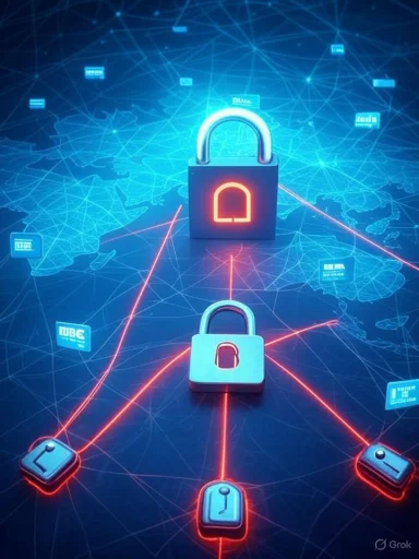 Neon global network with glowing locks signaling cybersecurity and encrypted connections.