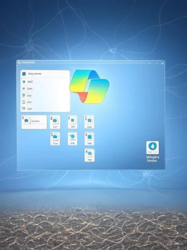 A glowing blue desktop window floats over a wavy, abstract blue background.