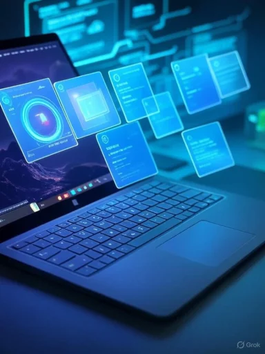 A laptop displays floating holographic UI cards in a high-tech interface.