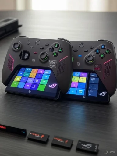 Two game controllers with built-in screens resting on a desk.
