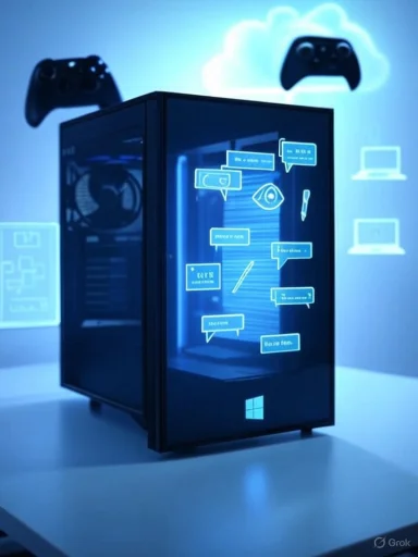 Blue-lit PC tower glows with holographic chat bubbles and Windows logo.