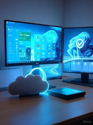 Blue-lit workstation with dual monitors, a cloud-shaped lamp, and an external drive.