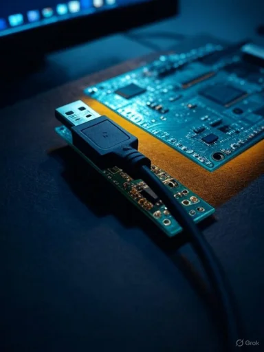 USB cable plugged into a blue PCB on a dark desk.