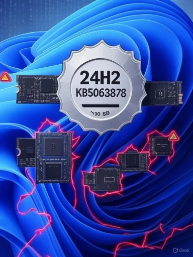 Silver seal with '24H2 KB5063878' over circuit boards on a blue, wavy tech background.