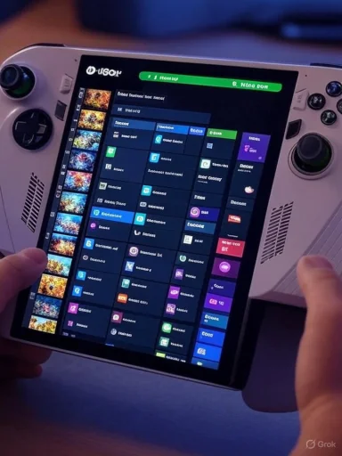 A white handheld gaming console with dual sticks, displaying a grid of game icons. A white handheld gaming console with dual sticks, displaying a grid of game icons.