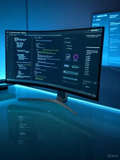 Curved widescreen monitor on a glass desk glows blue, displaying code and dashboards. Curved widescreen monitor on a glass desk glows blue, displaying code and dashboards.