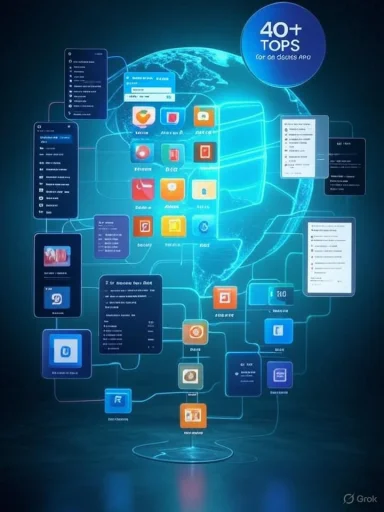 A futuristic holographic interface showing app icons around a globe with a 40+ TOPS badge.