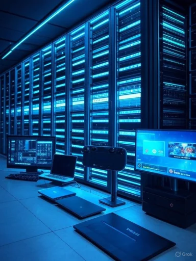 Blue-lit data center with rows of server racks and multiple workstations.