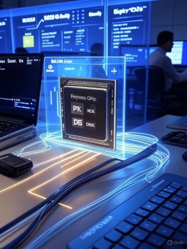 A futuristic lab with holographic chip visualization and blue data dashboards.