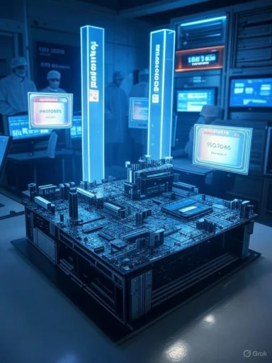 A futuristic lab display featuring a motherboard under blue holographic labels.
