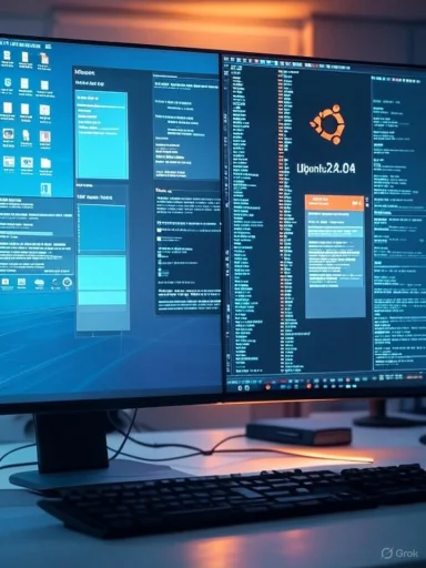 Two widescreen monitors show a coding/terminal interface with Ubuntu, on a desk with keyboard.