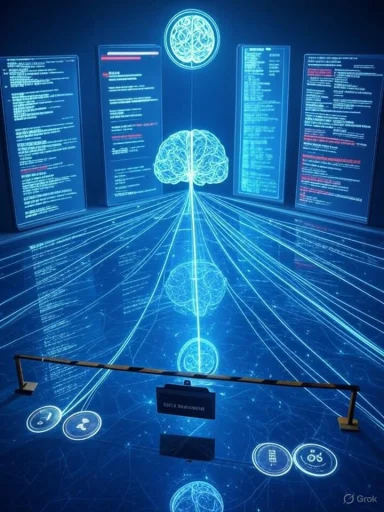 Blue holographic brain connected to code screens with glowing laser lines.