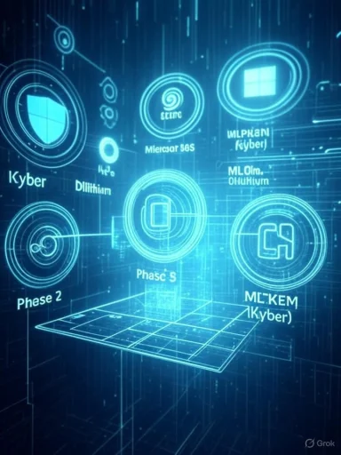 A futuristic blue holographic interface with glowing circular tech icons and a grid.