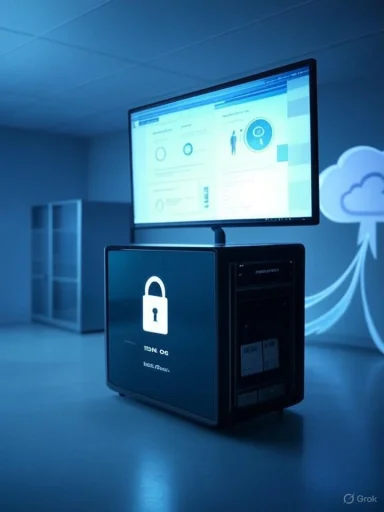 A secure server with a monitor displaying dashboards in a blue data-security setup.