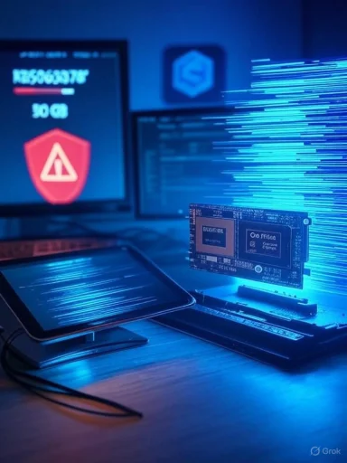 Blue-lit cybersecurity lab with screens, a circuit board, and streaming data. Blue-lit cybersecurity lab with screens, a circuit board, and streaming data.