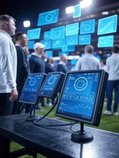 A conference scene with a wall of blue data screens and foreground monitors.