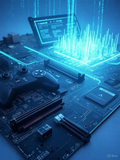 Game controller rests on a motherboard with glowing blue data streams and a monitor displaying code.
