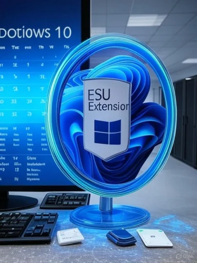 Blue glowing circular display on a desk shows an ESU Extension badge beside a computer setup.